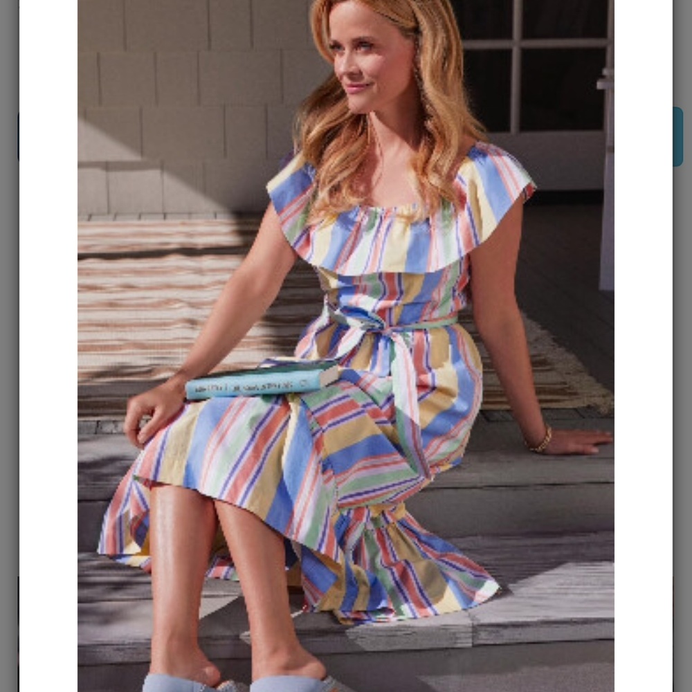 Draper James Striped Off-Shoulder Ruffle Sleeve Midi Dress M Cottagecore Summer